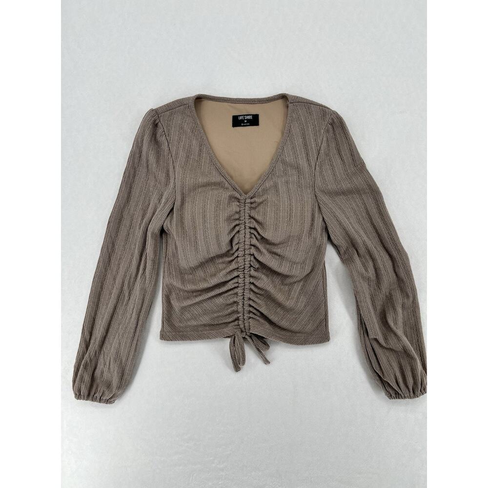 Life Shine Ruched Knit Crop Top Womens Medium Taupe Long Sleeve Cottagecore Boho
